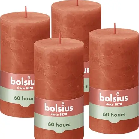 Bolsius Rustik Stumpenkerzen Set 4 Stück - Orange - 13 cm - Unparfümierte - 60 Stunden Brenndauer