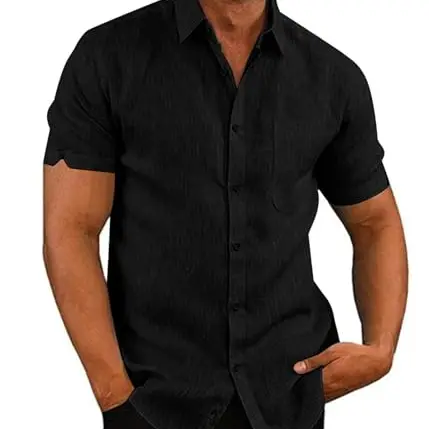 Herren Kurzarm Businesshemd Slim Fit Casual Urlaub (Schwarz, M)