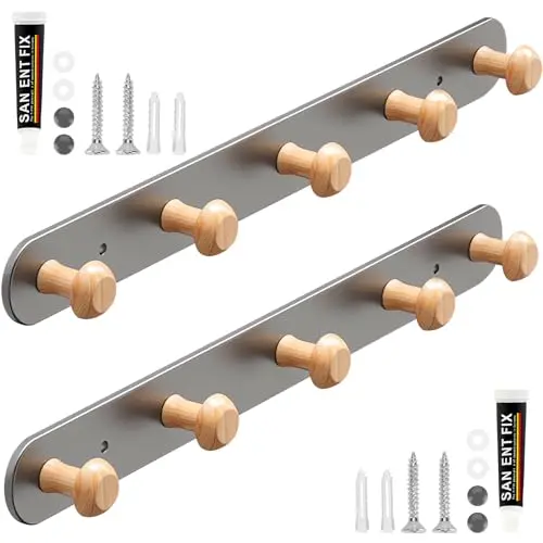 Kleiderhaken aus Holz - 2 Stück, 5 Haken für Garderobe, Küche, Flur, Badezimmer, Schlafzimmer, grau