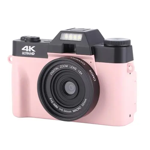 4K Digitalkamera 48 MP für Fotografie und Vlogging mit Flip Screen und Digitalzoom (Rosa)