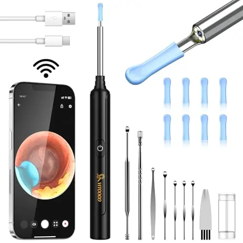 VITCOCO WiFi Ohrenschmalz Entferner mit 5MP HD Kamera, wasserdicht für iPhone und Android (Schwarz)