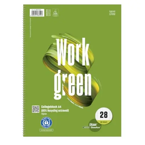 Staufen Green Collegeblock A4, 80 Blatt, kariert mit Rand, 70g/m² Recyclingpapier, 5 Stück