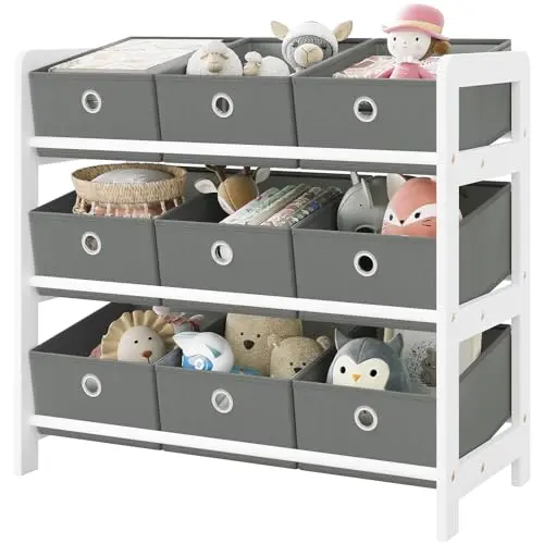 Lestarain Kinderregal mit 9 Boxen, Spielzeug- und Bücherregal für Kinder, Holz, Weiß-Grau, 63,5x58x29,5 cm