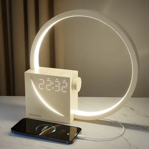 Blonbar Nachttischlampe mit Wake Up Licht, Touch Dimmbar, 2 Wecker und 10 Beruhigende Klänge, USB-Aufladung
