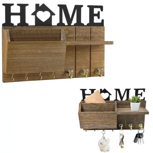 JNEYVIC Schlüsselhalter Wandboard aus Holz - Vintage Schlüsselablage mit 7 Haken für Flur und Küche (Dunkelbraun)