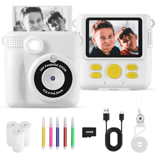 Kinder Sofortbildkamera mit 2.4'' Bildschirm und 16x Digitalzoom - Geschenk für 3-12 Jahre (Weiß)
