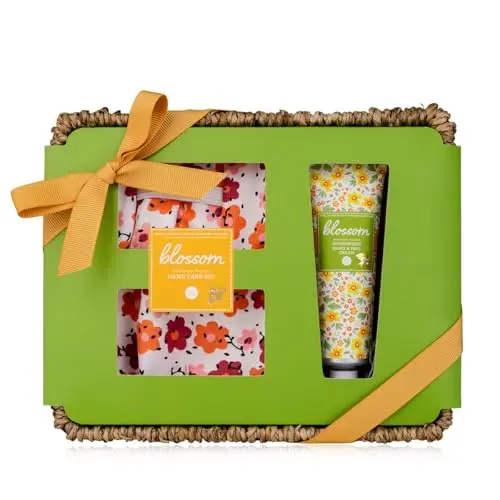 Accentra Badeset BLOSSOM im Seegraskörbchen für Frauen, 2-teilig mit Hand- & Nagelcreme (30ml) & Gartenhandschuhen, Duft Wildflower Meadow, Geschenk zum Muttertag
