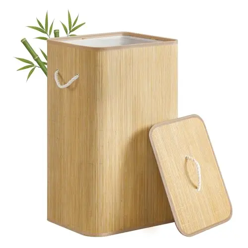 SONGMICS Wäschekorb mit Deckel, 90 L, faltbar, naturfarben, herausnehmbarer Wäschesack