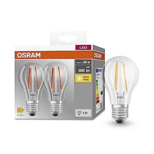 Osram BASE CLASSIC A FIL 60 LED-Lampe E27, warmweiß, 6,5W, 806lm, Doppelpack