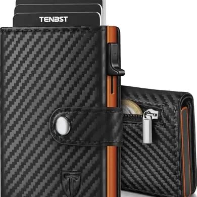 TENBST Herren Geldbörse mit Münzfach und RFID Schutz, Slim Wallet aus Leder, 10 Kartenfächer - Schwarz & Orange