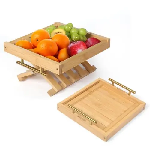 JSVER Bambus Obstkorb - 2-in-1 Obst-Etagere und Snack-Aufbewahrung für die Küche