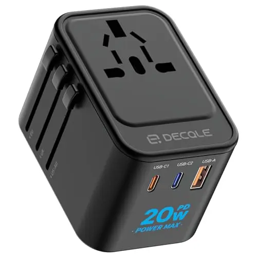 Decqle Reiseadapter weltweit, Universalstecker mit 2 USB-C, 1 USB-A und 1 AC Steckdose, Adapter für EU, UK, US, AU (Schwarz)