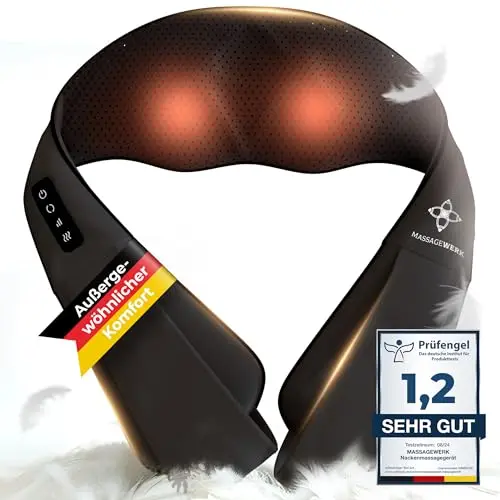 MASSAGEWERK® Shiatsu Nacken- und Rückenmassagegerät mit Wärmefunktion – Ergonomisch, Ideal bei Muskelverspannungen (Schwarz)