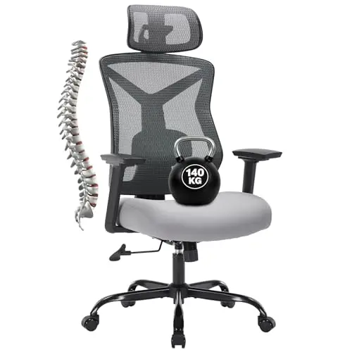 TUORUI Ergonomischer Bürostuhl, höhenverstellbar, 3D Armlehnen, Lendenwirbelstütze, 360° Drehung, grau