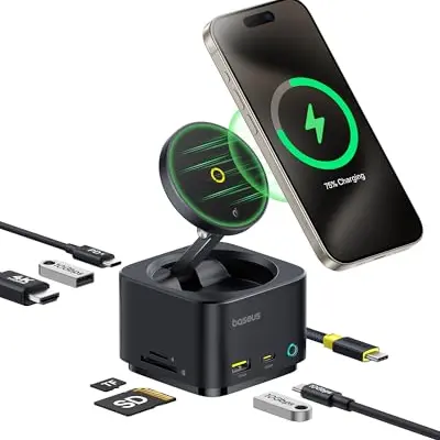 Baseus 7 in 1 Magsafe Ladestation Hub, Qi2 15W Wireless Charger, 4K HDMI, 100W PD, 10Gbps USB, SD-Kartenleser für iPhone und Mac