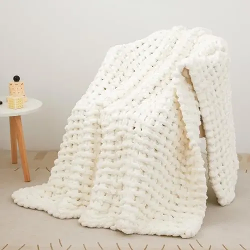 Grob Gestrickte Decke aus 100% Wolle, 76x101cm, Weiße Farbe, Ideal für Sofa und Bett