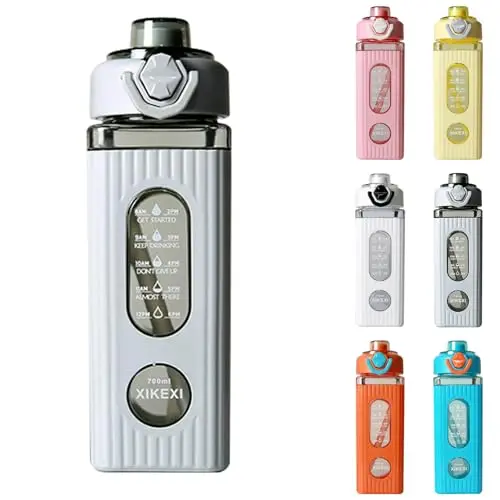 Kawaii Trinkflasche mit Strohhalm 700ml - Auslaufsichere Wasserflasche für Kinder, Schule und Sport (Grau)