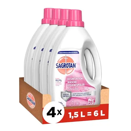 Sagrotan Wäsche-Hygienespüler Sensitiv 0% – Hygienisch sauber und frisch, ohne Farb- und Duftstoffe – 4 x 1,5 l Vorteilspack