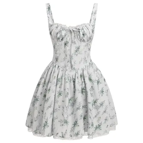 Odizli Damen Sommer Kleid Elegant Sexy Ärmellos Spaghettiträger Blumenkleid Spitze Minikleid Hochzeitsgast Cottagecore Weiß Grün M