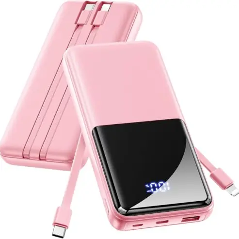 Powerbank 15.000 mAh, Pfirsichrosa, mit integrierten USB-C- und iOS-Kabeln