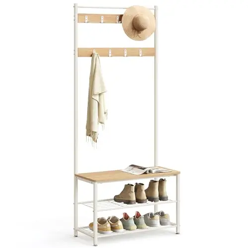 VASAGLE Garderobenständer mit Schuhablagen und Sitzfläche, modern in Eichenfarbe-weiß, Höhe 177 cm