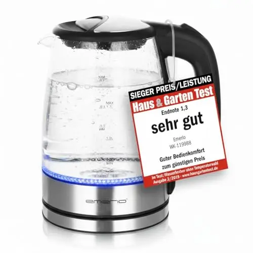 EMERIO Wasserkocher 1.7L | 2200W | 360° Basis | Blaue LED Beleuchtung | BPA-frei