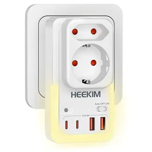 heekim LED-Nachtlicht Steckdose mit 2 USB-A, 2 USB-C und 2 Steckdosenadapter