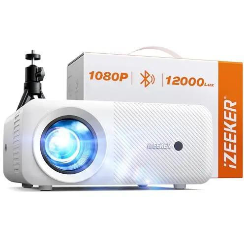 Mini Bluetooth Beamer mit Stativ, 12000 Lux 1080P Heimkino Projektor für Handy, kompatibel mit iOS, Android, PC und PS5