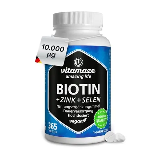 Vitamaze Biotin 10.000 mcg mit Selen & Zink für Haare, Haut & Nägel, 365 vegane Tabletten, Made in Germany