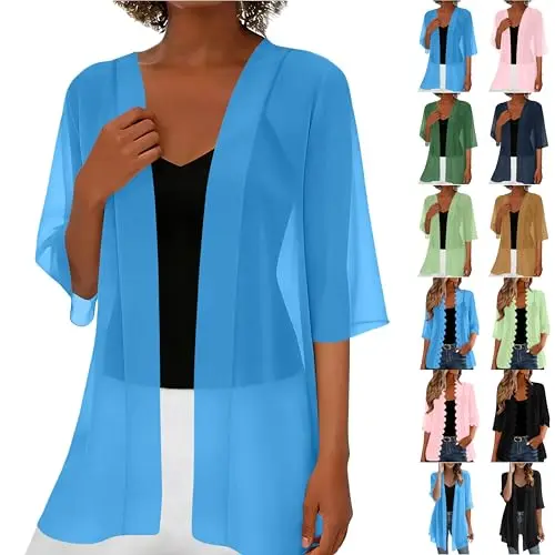 Damen Bolero Jacke Chiffon Sommerstrickjacke 3/4 Ärmel Boho Strand Kimono Transparent