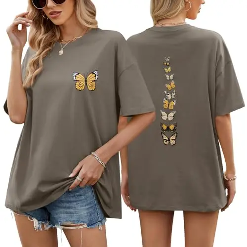 TOMEEK Damen Oversize T-Shirt Kurzarm Rundhals Baumwolle Vintage Dunkelgrau M