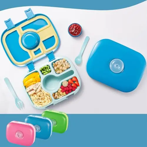 Qobobo® Lunchbox mit 5 Fächern und Saucenbox, BPA-frei, ideal für Kindergarten & Schule (Blau)