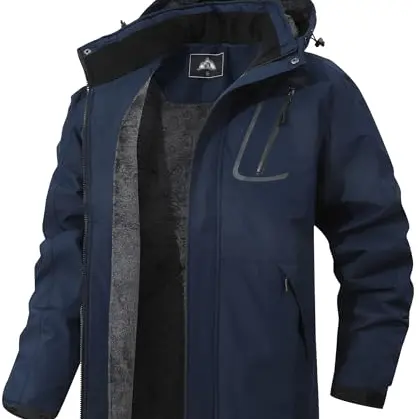 MAOYSSEN Herren Winter Skijacke mit Fleecefutter, wasserdicht, winddicht, abnehmbarer Kapuze, Softshell