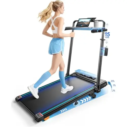 6-in-1 Laufband für Zuhause, klappbar, mit abnehmbarem Tisch, 3.0 HP, Steigung bis 12%, 12 km/h, mit Teleskop-Riser & RGB-Lichtern