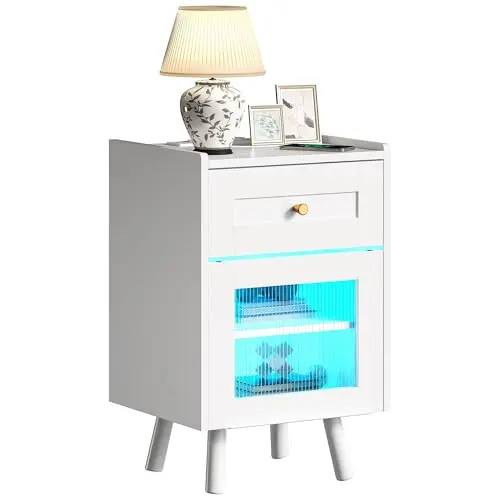 YITAHOME Nachttisch mit LED-Beleuchtung und Schublade, Aufbewahrungstisch für Schlafzimmer und Wohnzimmer, 40x35x62cm, Weiß