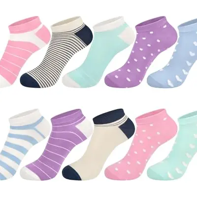 Softcozy Damen Crew Socken, 10 Paar mit bunten Streifen, Punkten und Herzen, atmungsaktiv und weich, perfekte Geschenkidee, Einheitsgröße