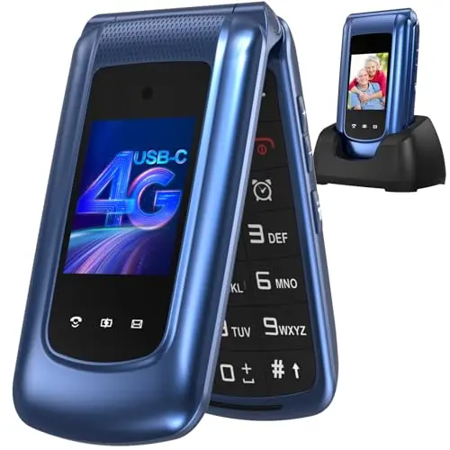 4G Klapphandy für Senioren mit großen Tasten, Dual-SIM und Ladestation, SOS-Funktion, Kurzwahl, Taschenlampe, FM-Radio, Blau