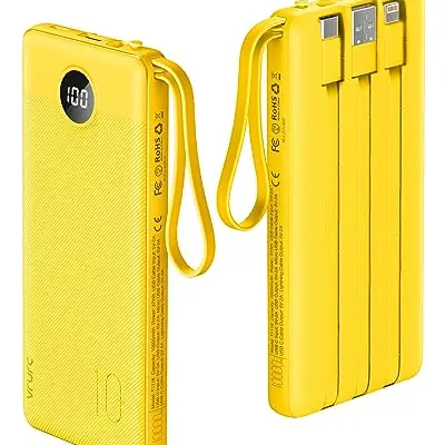 VRURC 10000mAh Powerbank mit Kabel - Tragbares Ladegerät mit 5 Ausgängen, LED Display, Kompatibel mit iPhone & Samsung - Gelb