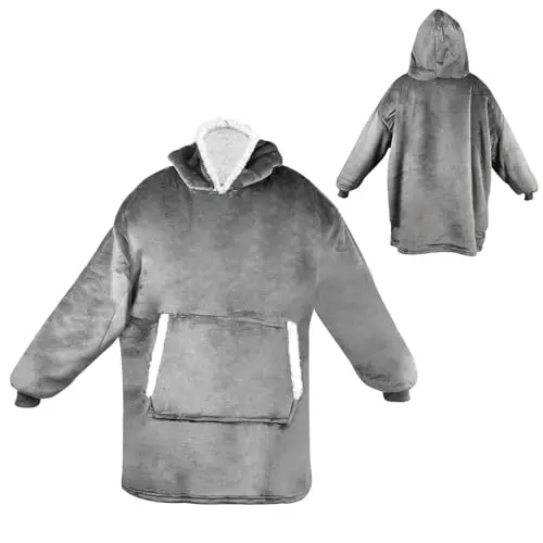 CAREDGO Oversized Hoodie Blanket Grau - Weiche Flanell Kuscheldecke mit Taschen