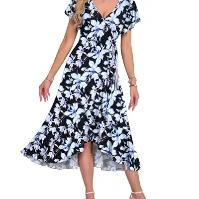 AUSELILY Damen Sommerkleid Midi V-Ausschnitt Hochzeitsgast Luftig