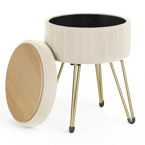 SONGMICS Runder Sitzhocker mit Stauraum, Samt Hocker für Ankleidezimmer, Wohnzimmer, Schlafzimmer, cremeweiß