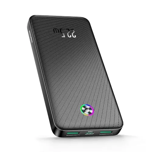 Rocoren Power Bank 10000mAh, Ultra Slim, USB-C, RGB Light, kompatibel mit iPhone 15/14/13, Samsung, Huawei, iPad, AirPods - Schwarz