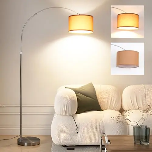 ANTENLICHT LUNA Bogenlampe Vintage | Stehlampe Silber mit braunem Stoffschirm für Wohnzimmer und Schlafzimmer