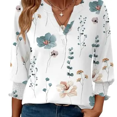 Rapbin Damen Bluse 3/4 Ärmel Sommer Top Lässig Blumenmuster (XXL, Weiß Blau)