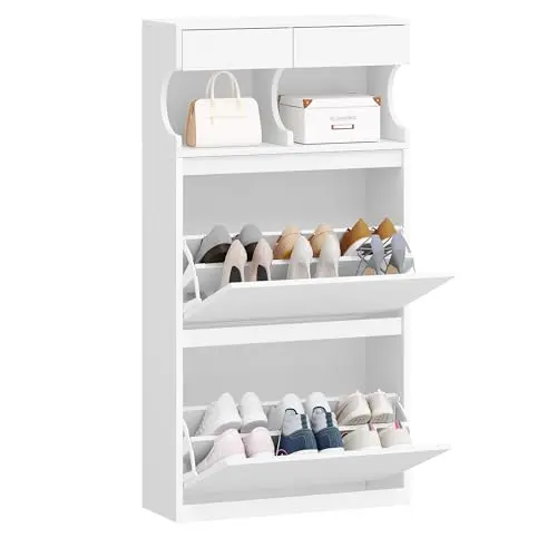 Hzuaneri Schuhschrank, Schmaler Schuhkipper für Flur und Garderobe, 12 Paar, 2 Klappen, Weiß