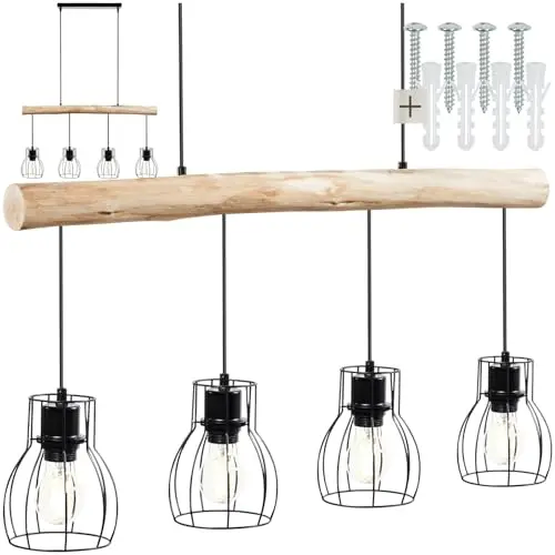 tectake® Pendelleuchte, 4-flammig, Schwarz mit Holzbalken, Industrial Style, Wohnzimmer-, Esszimmer-, Flurlampe, Hängelampe für Esstisch
