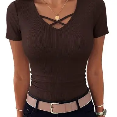 Aottori Damen T-Shirt V-Ausschnitt kurzarm figurbetont Braun S