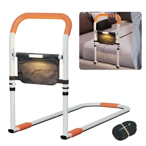 Zelvia Aufstehhilfe Bett für Senioren mit LED-Licht und Griff, höhenverstellbar, rutschfest, abnehmbar, orange