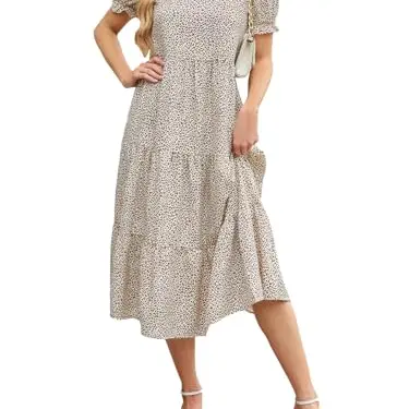 Zetieny Damen Sommerkleid, Elegant, A-Linie, Kurzarm, Rundhalsausschnitt, Midikleid, Strand- und Freizeitkleid