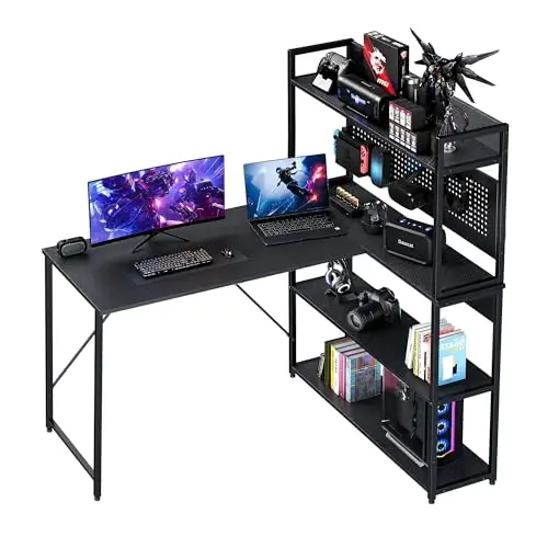 Yansee L-förmiger Gaming-Schreibtisch mit Regal und LED, USB- und Type-C-Ladeanschluss, Schwarz, 120 x 50 cm